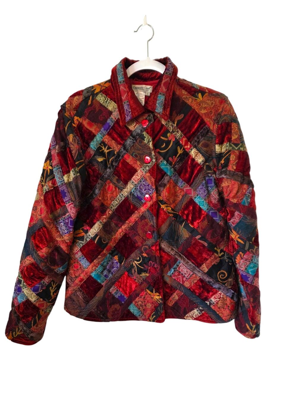 Vintage Womens Coldwater Creek Velvet Patchwork Jacket Size Medium Red